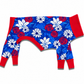 Dog jammies with red, white, and blue floral pattern on a blue background