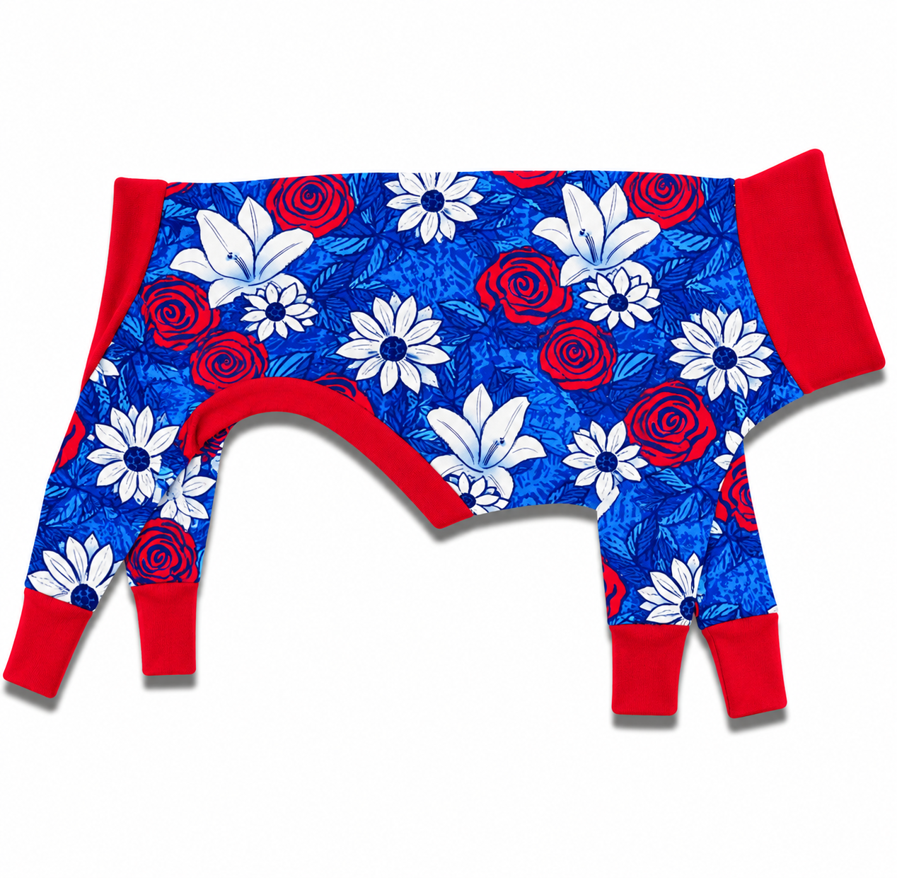 Dog jammies with red, white, and blue floral pattern on a blue background